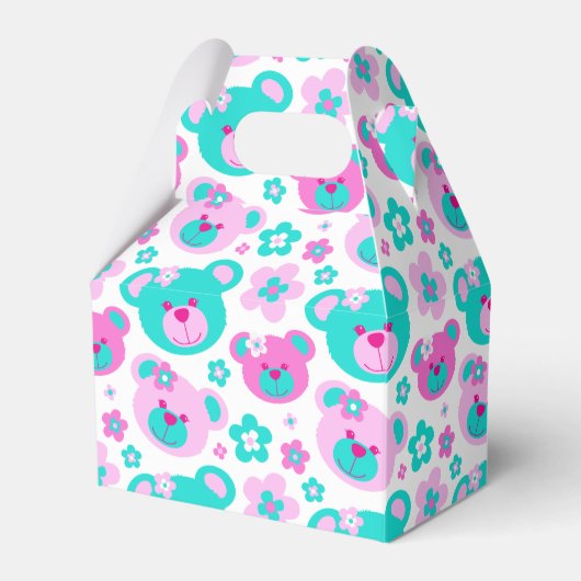 テディベア顔と花パターン（の模様が）あるギフトボックス フェイバーボックス (正面サイド)