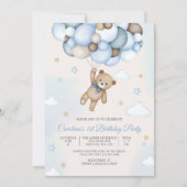 テディベア風船の1歳誕生日招待状 招待状 (正面)