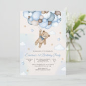 テディベア風船の1歳誕生日招待状 招待状 (スタンド正面)