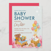 テディベア風船水彩ベビーシャワー 招待状 (正面/裏面)