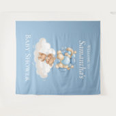 テディベア風船 青いベビーシャワーの背景 タペストリー (正面(横))