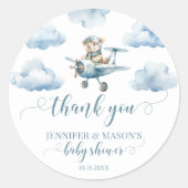 テディベア飛行機お感謝していり男の赤ちゃんラウンドステッカー ラウンドシール (正面)