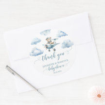 テディベア飛行機お感謝していり男の赤ちゃんラウンドステッカー