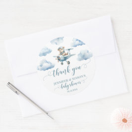 テディベア飛行機お感謝していり男の赤ちゃんラウンドステッカー ラウンドシール