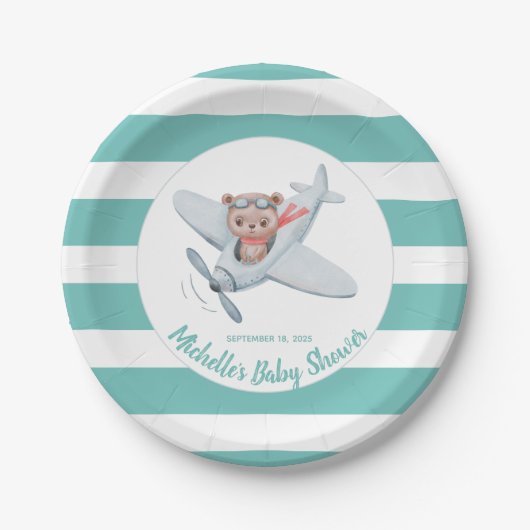 テディベア飛行機のベビーシャワー男女兼用 ペーパープレート (正面)