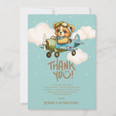 テディベア飛行機の少年Bearly待ち赤ちゃんシャワー サンキューカード (正面)