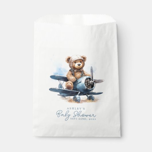 テディベア飛行機の水彩少年の赤ちゃんシャワー フェイバーバッグ (正面)