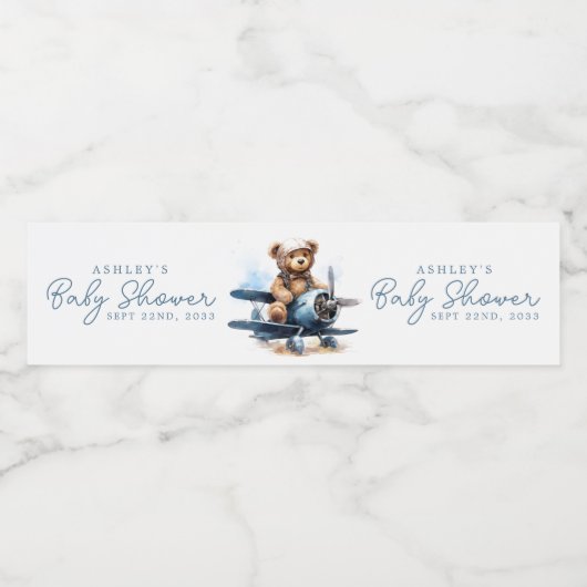 テディベア飛行機の水彩少年の赤ちゃんシャワー ペットボトルラベル (シングルラベル)