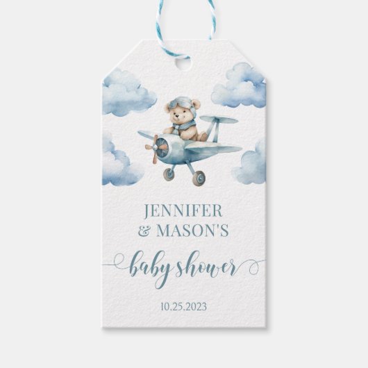テディベア飛行機の赤ちゃんシャワー感謝していユーラベル ギフトタグ (正面)