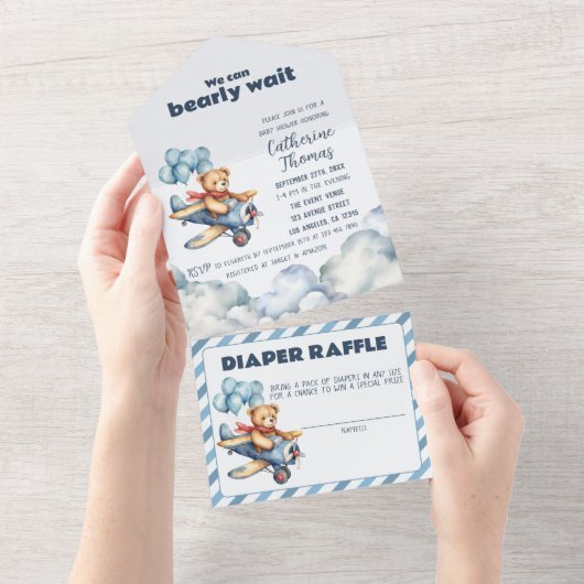 テディベア飛行機バルーン男の子ベイビーシャワー オールインワン招待状 (貼ってはがせる)