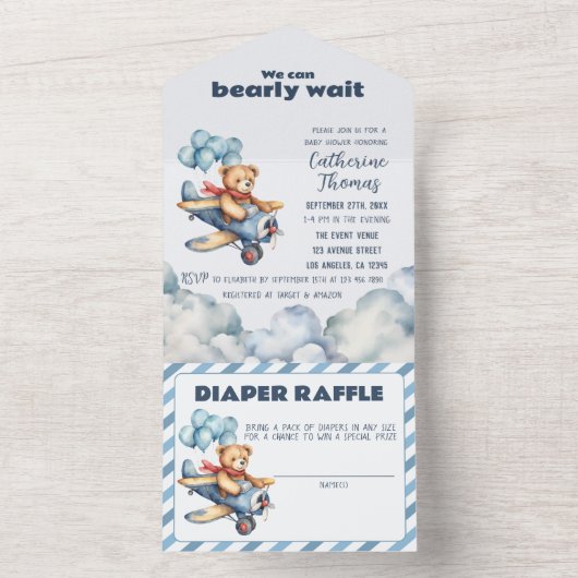 テディベア飛行機バルーン男の子ベイビーシャワー オールインワン招待状 (内側)