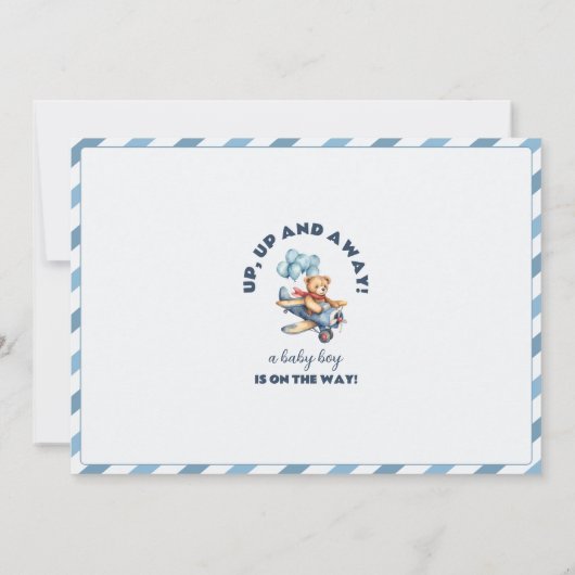 テディベア飛行機バルーン男の子ベイビーシャワー サンキューカード (裏面)