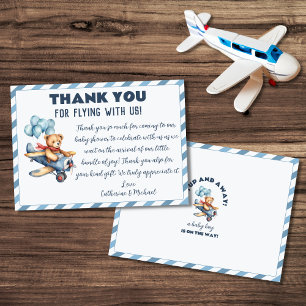 テディベア飛行機バルーン男の子ベイビーシャワー サンキューカード