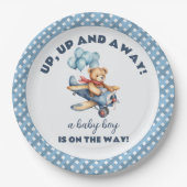 テディベア飛行機バルーン男の子ベイビーシャワー ペーパープレート (正面)