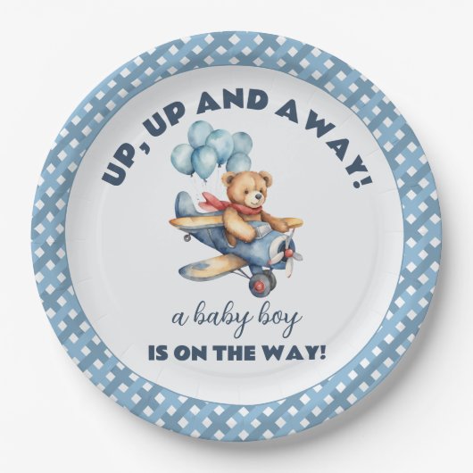 テディベア飛行機バルーン男の子ベイビーシャワー ペーパープレート (正面)