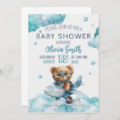 テディベア飛行機バーリーウェイベビーシャワー 招待状 (正面/裏面)