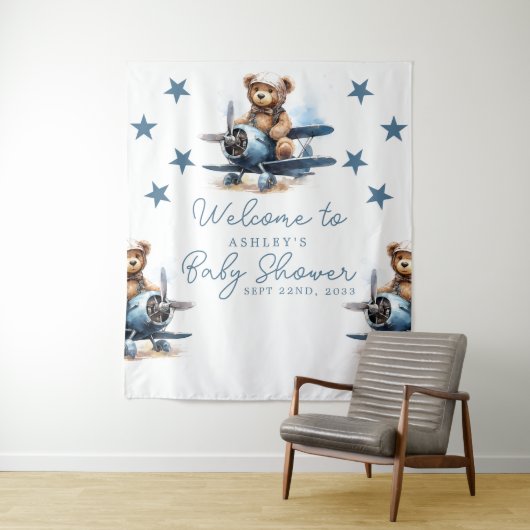 テディベア飛行機ベビーシャワー背景 タペストリー (インサイチュ)