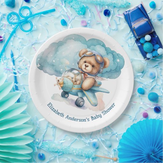 テディベア飛行機ボーイベビーシャワー ペーパープレート (パーティー)