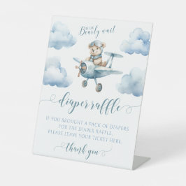 テディベア飛行機男の赤ちゃんシャワーおむつラッフル 台座サイン