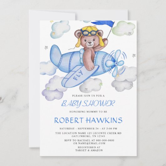 テディベア飛行機編集可能ベビーシャワー 招待状 (正面)