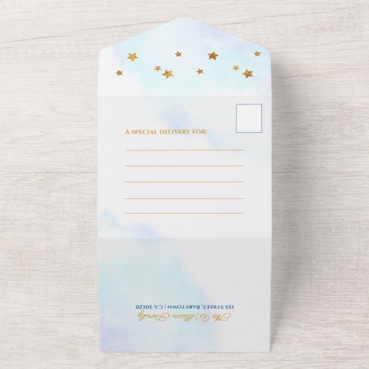 テディベア飛行機飛んでいる男の子の赤ちゃんシャワー オールインワン招待状 (外側)