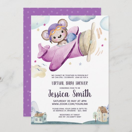 テディベア飛行機 |バーチャルベビーシャワー 招待状 (正面/裏面)