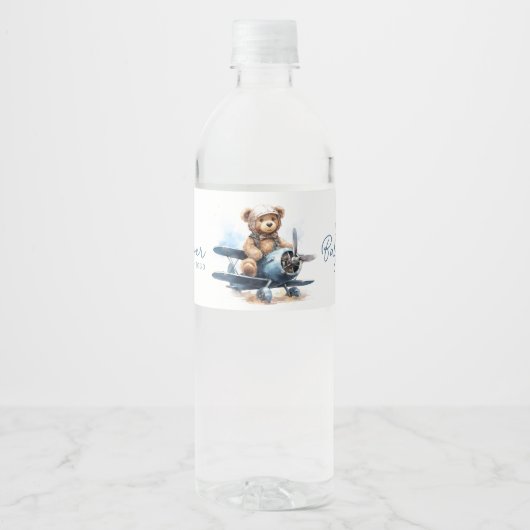 テディベア飛行機 水彩 男の子 ベビーシャワー ペットボトルラベル (正面)