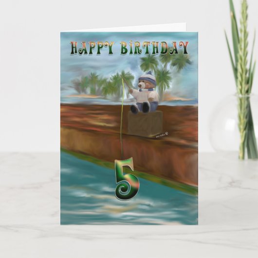 テディベア魚釣りハッピー5誕生日 カード (正面)
