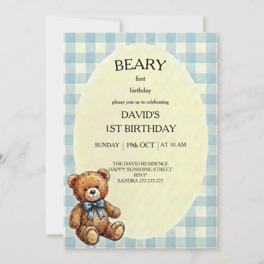 テディベア1歳の誕生日 招待状 (正面)