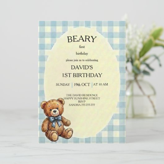 テディベア1歳の誕生日 招待状 (スタンド正面)