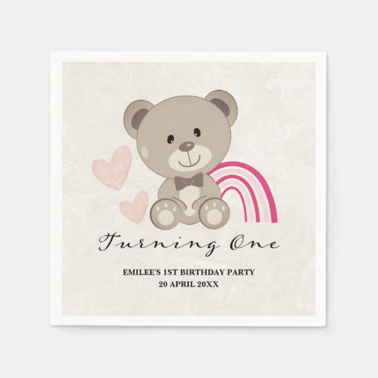 テディベア1stバースデーピンクナプキンズ スタンダードカクテルナプキン (正面)