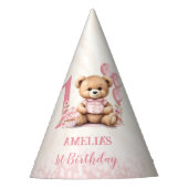 テディベア1stバースデーピンクバルーン紙 パーティーハット (正面)