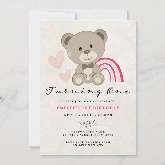 テディベア1stバースデーピンク招待状 招待状 (正面)