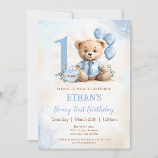 テディベア1stバースデーブルーバルーン招待状 招待状 (正面)