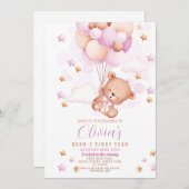 テディベア1stバースデーベアーYファースト・ガールズピンク 招待状 (正面/裏面)