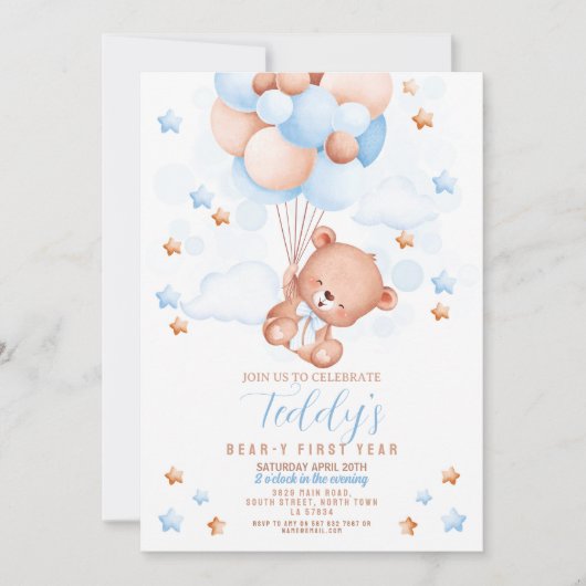 テディベア1stバースデーベア – yファースト・ボーイズ・ブルー 招待状 (正面)