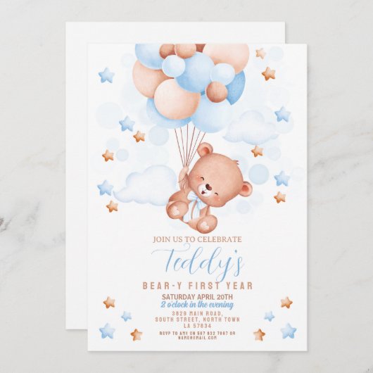 テディベア1stバースデーベア – yファースト・ボーイズ・ブルー 招待状 (正面/裏面)