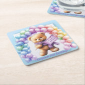 テディベア1st誕生日バルーンカラフルー スクエアペーパーコースター (アングル)