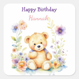 テディベア・イン・フラワーズガールズ・バースデーパーティー スクエアシール