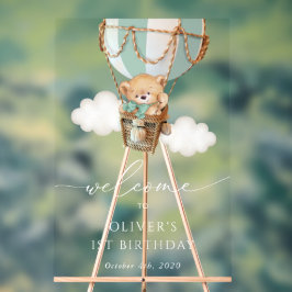 テディベア、グリーンバルーン、第1回誕生日歓迎 アクリルサイン