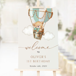 テディベア、グリーンバルーン、第1回誕生日歓迎 ポスター