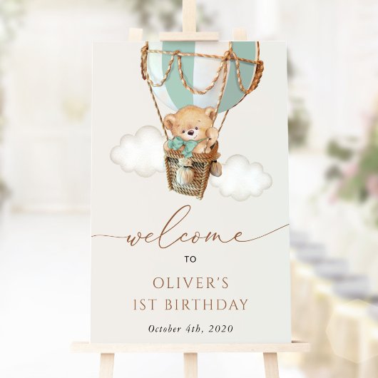 テディベア、グリーンバルーン、第1回誕生日歓迎 ポスター