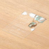 テディベア、グリーンホットエアバルーン、ベビーシャワー アクリル招待状 (レイダウン)