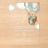 テディベア、グリーンホットエアバルーン、ベビーシャワー アクリル招待状 (正面)