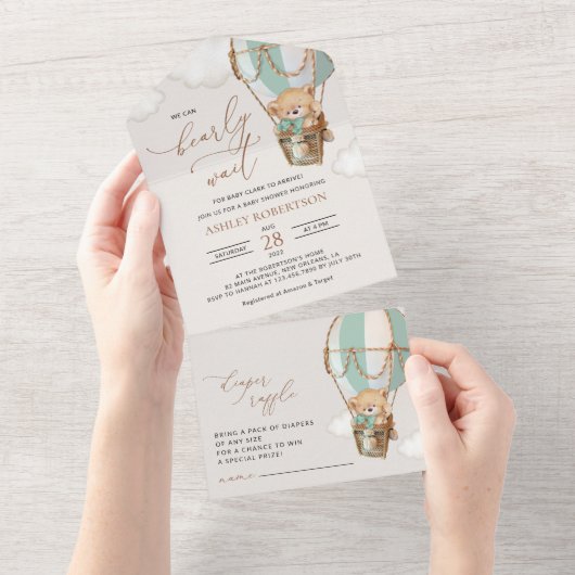 テディベア、グリーンホットエアバルーン、ベビーシャワー オールインワン招待状 (貼ってはがせる)