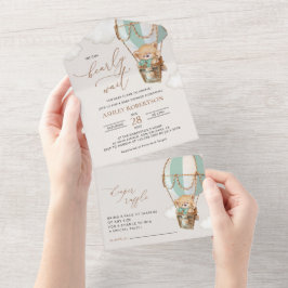 テディベア、グリーンホットエアバルーン、ベビーシャワー オールインワン招待状