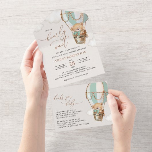 テディベア、グリーンホットエアバルーン、ベビーシャワー オールインワン招待状 (貼ってはがせる)