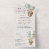 テディベア、グリーンホットエアバルーン、ベビーシャワー オールインワン招待状 (内側)