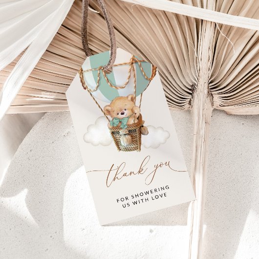 テディベア、グリーンホットエアバルーン、ベビーシャワー ギフトタグ