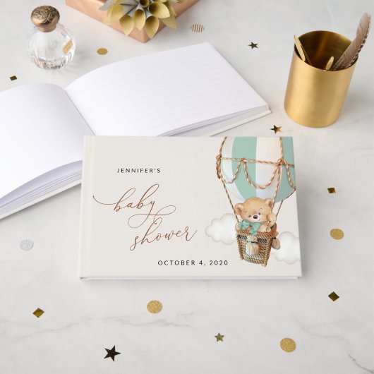 テディベア、グリーンホットエアバルーン、ベビーシャワー ゲストブック (正面見開き)